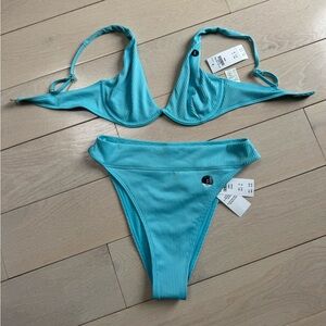 Hollister Aqua High Apex Ribbed Underwire Bikini Top and High-Waisted Bottom